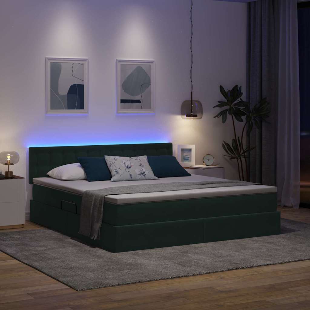 LED krevet za pohranu s madracem Tamnozelena 180 x 200 cm