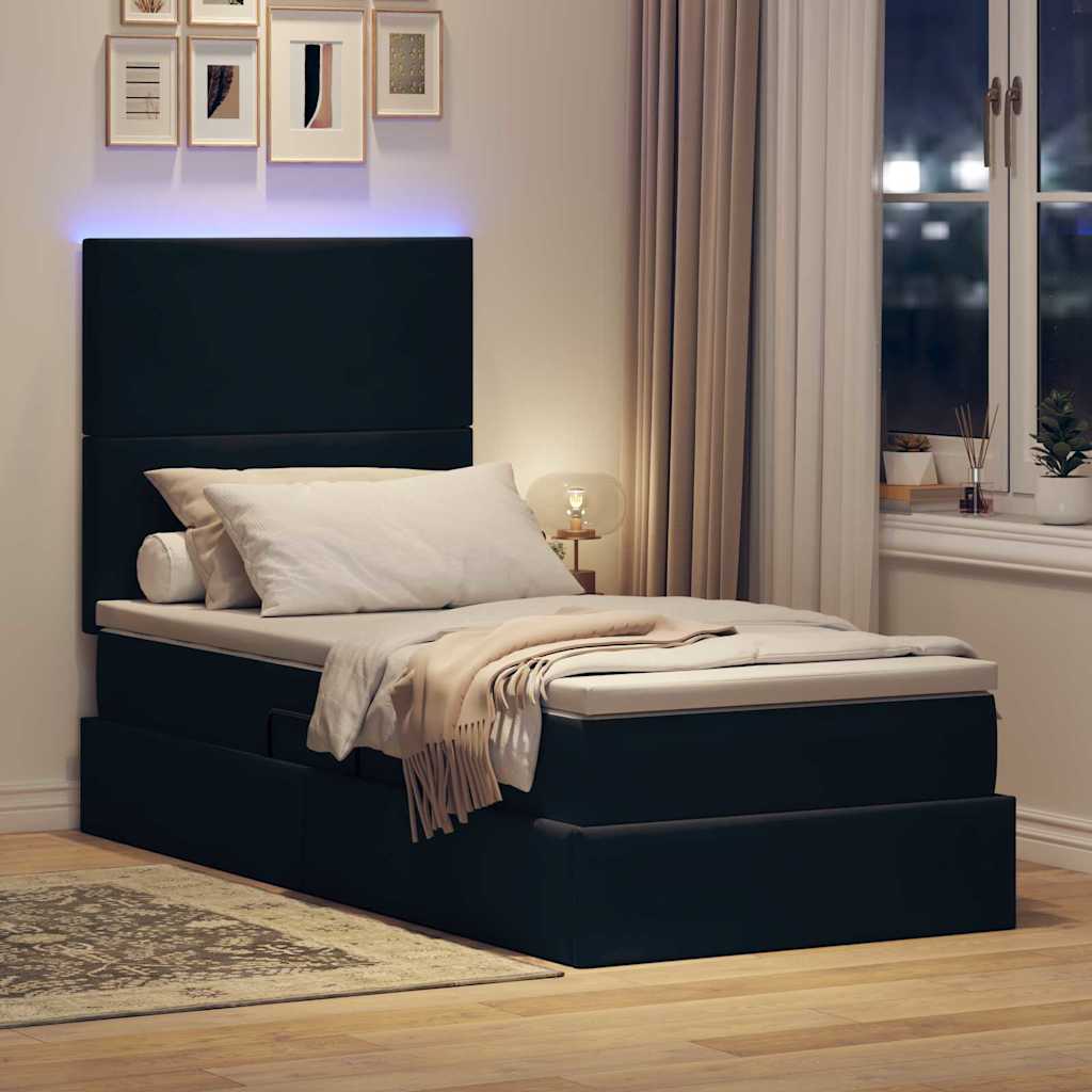 LED krevet za pohranu s madracem Crna 90 x 190 cm Baršun
