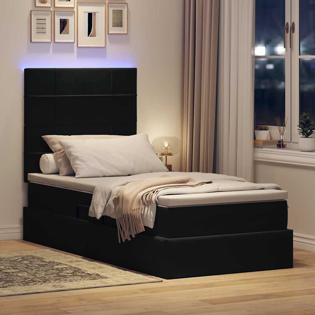 LED krevet za pohranu s madracem Crna 100 x 200 cm Baršun