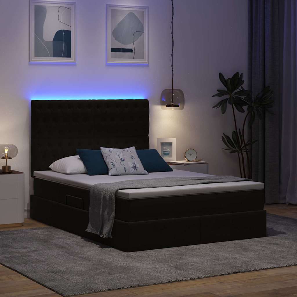 LED krevet za pohranu s madracem Crna 140 x 190 cm Baršun