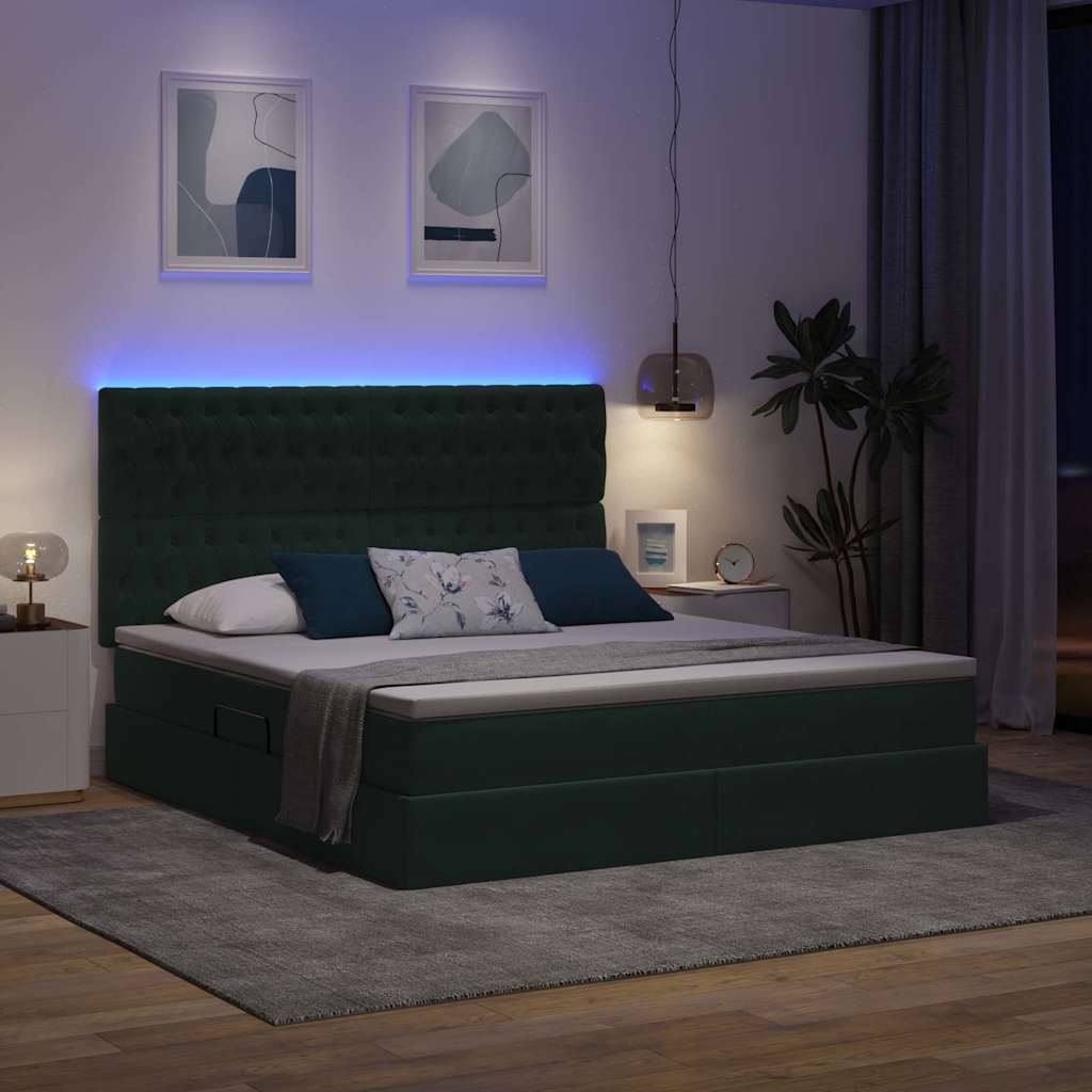 LED krevet za pohranu s madracem Tamnozelena 160 x 200 cm