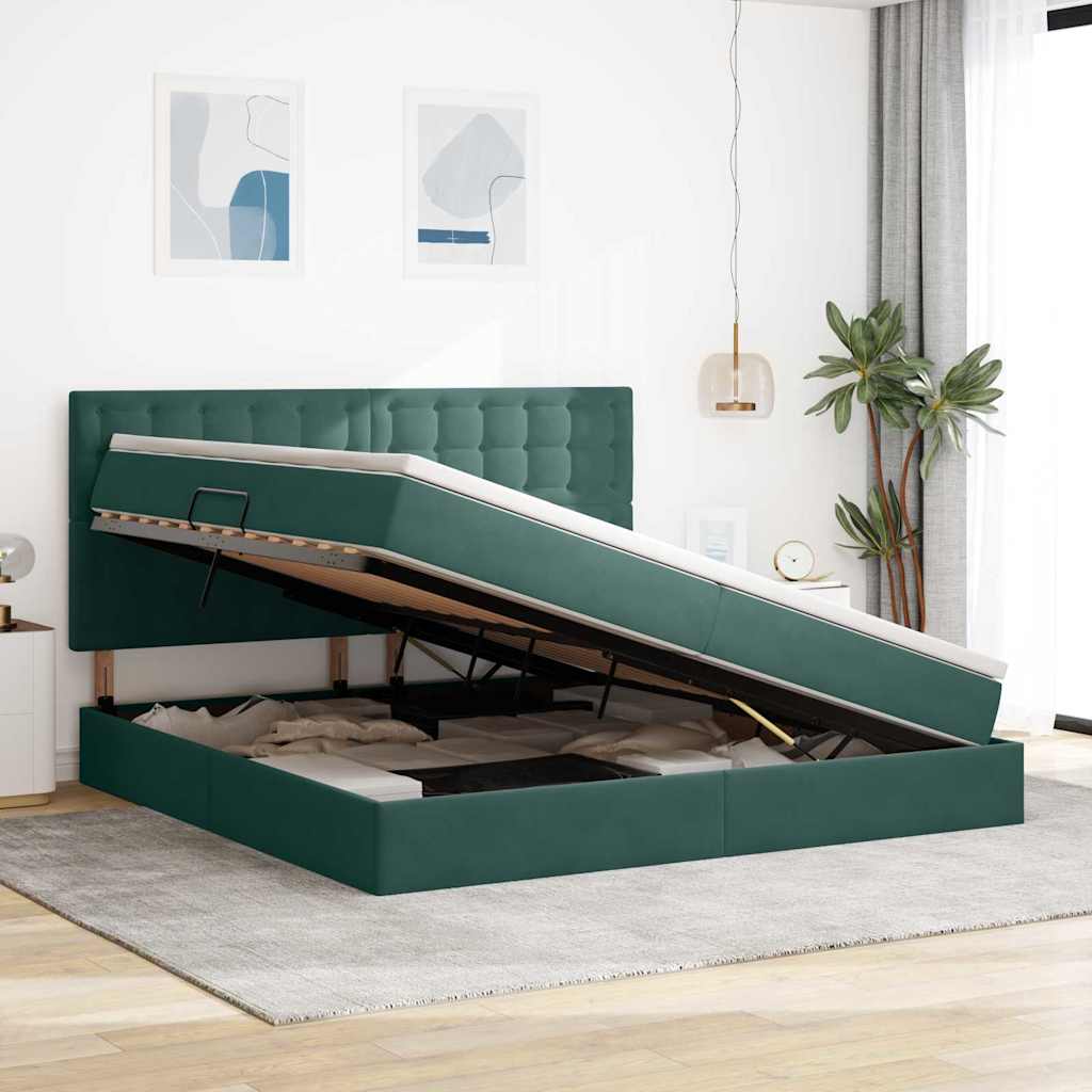 LED krevet za pohranu s madracem Tamnozelena 200 x 200 cm