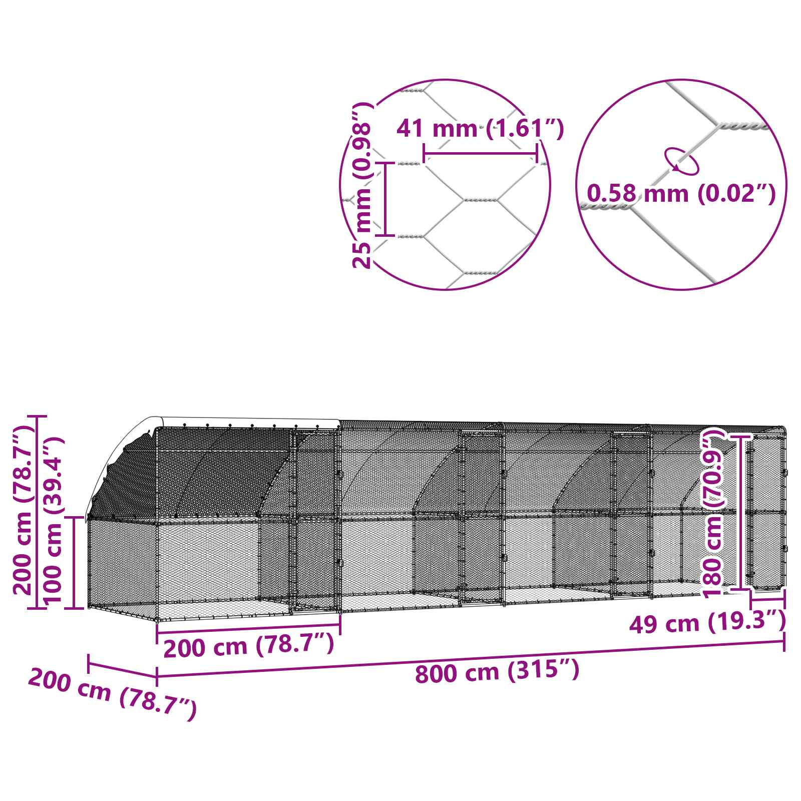 Kavez za piliće 4 pcs Srebrno 800 x 200 x 200 cm Čelik i PE