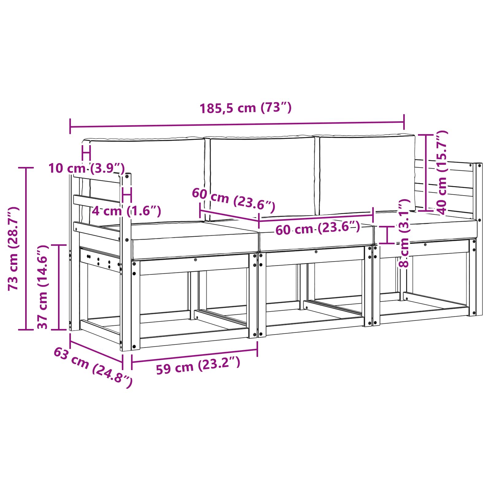 Set vanjskih sofa 3 pcs Bijela i svjetlosiva 185,5 x 63 x 73 cm