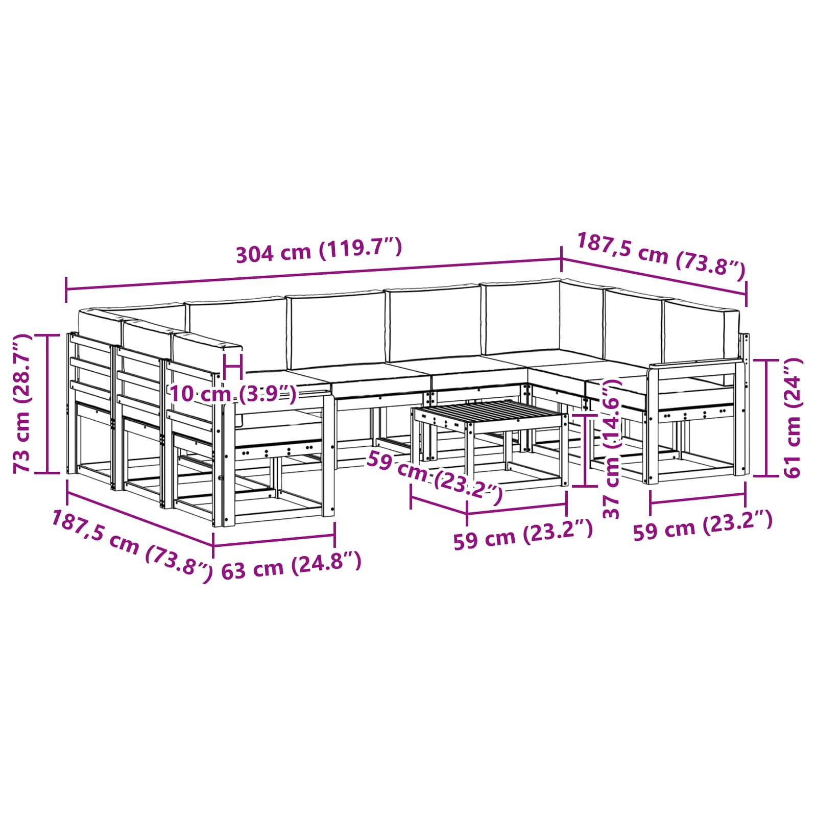 Set vanjskih sofa 10 pcs Bijela i bež 59 x 59 x 37 cm Poliester