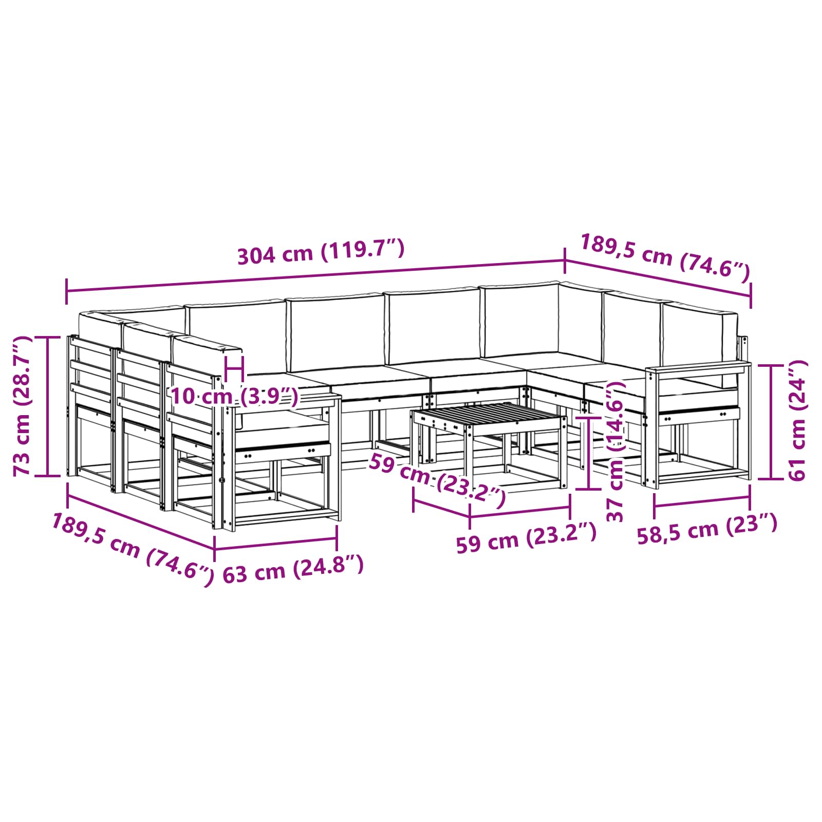 Set vanjskih sofa 10 pcs Bijela i bež 59 x 59 x 37 cm Poliester