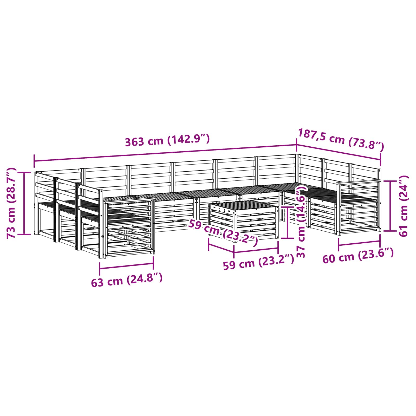Set vanjskih sofa 11 pcs Bijela 59 x 59 x 37 cm