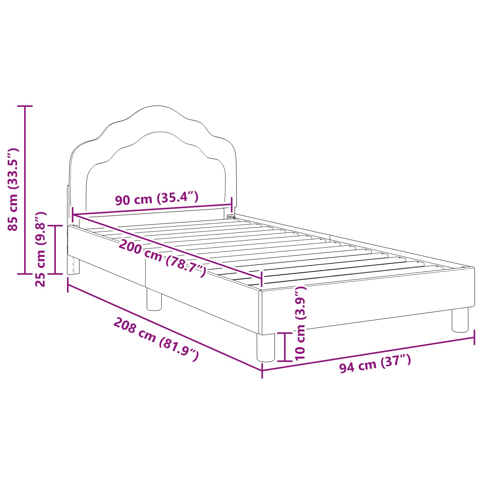 Krevet za djecu s uzglavljem Tamnosiva 90 x 200 cm Baršun