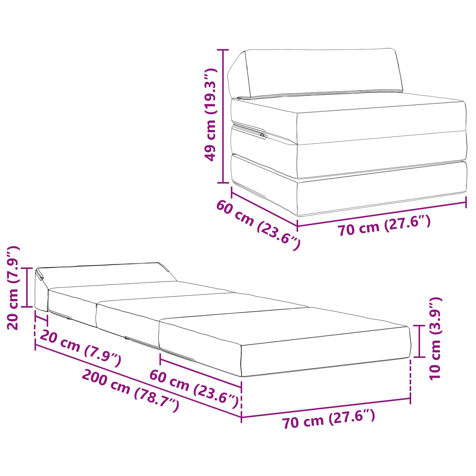 Sofa na razvlačenje Tamnosiva 200 x 70 x 10 cm Kordura tekstil