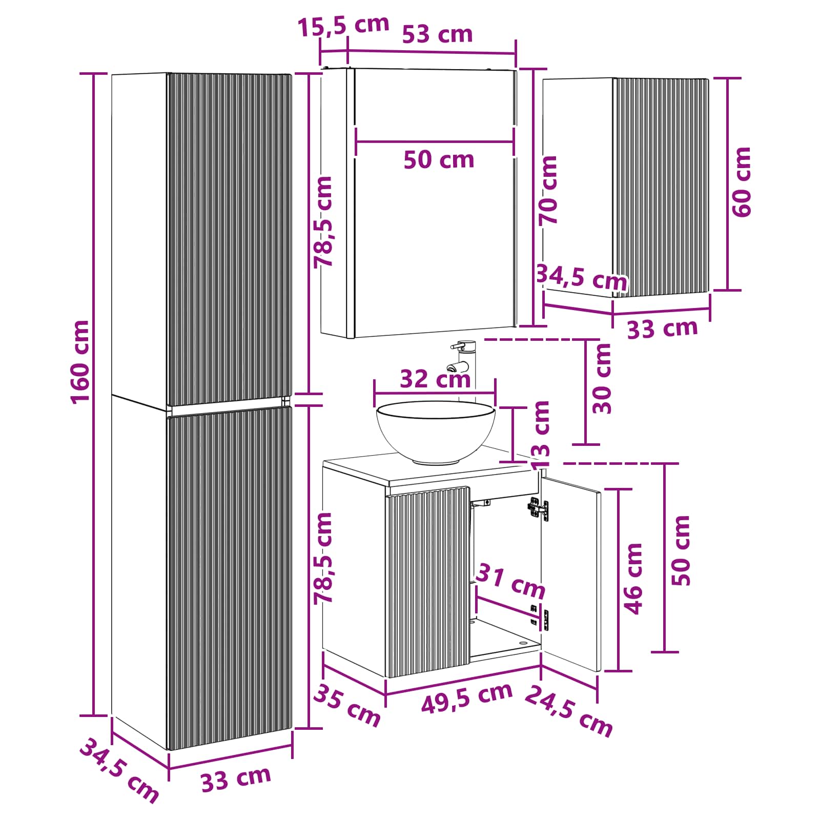 Set ormarića za kupaonicu 5 pcs Betonska siva 53 x 15,5 x 70 cm