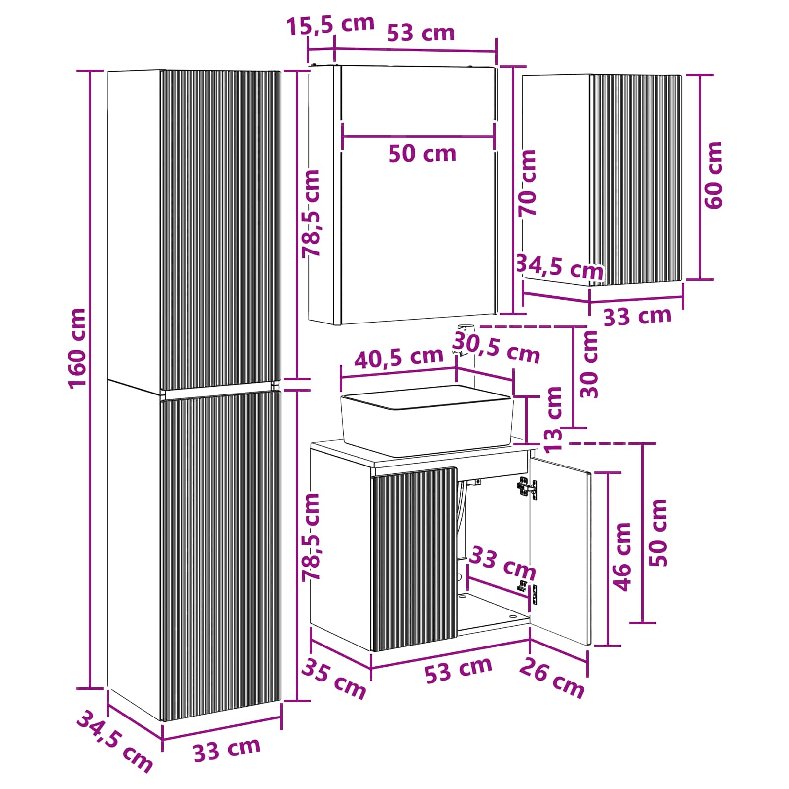 Set ormarića za kupaonicu 5 pcs Betonska siva 53 x 15,5 x 70 cm