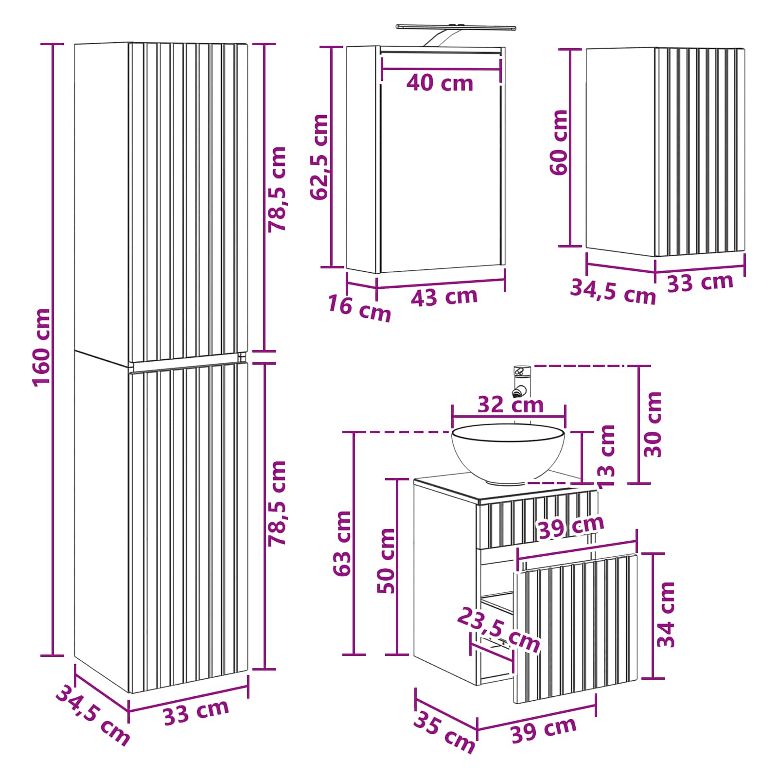 Set ormarića za kupaonicu 5 pcs Betonska siva 43 x 16 x 62,5 cm
