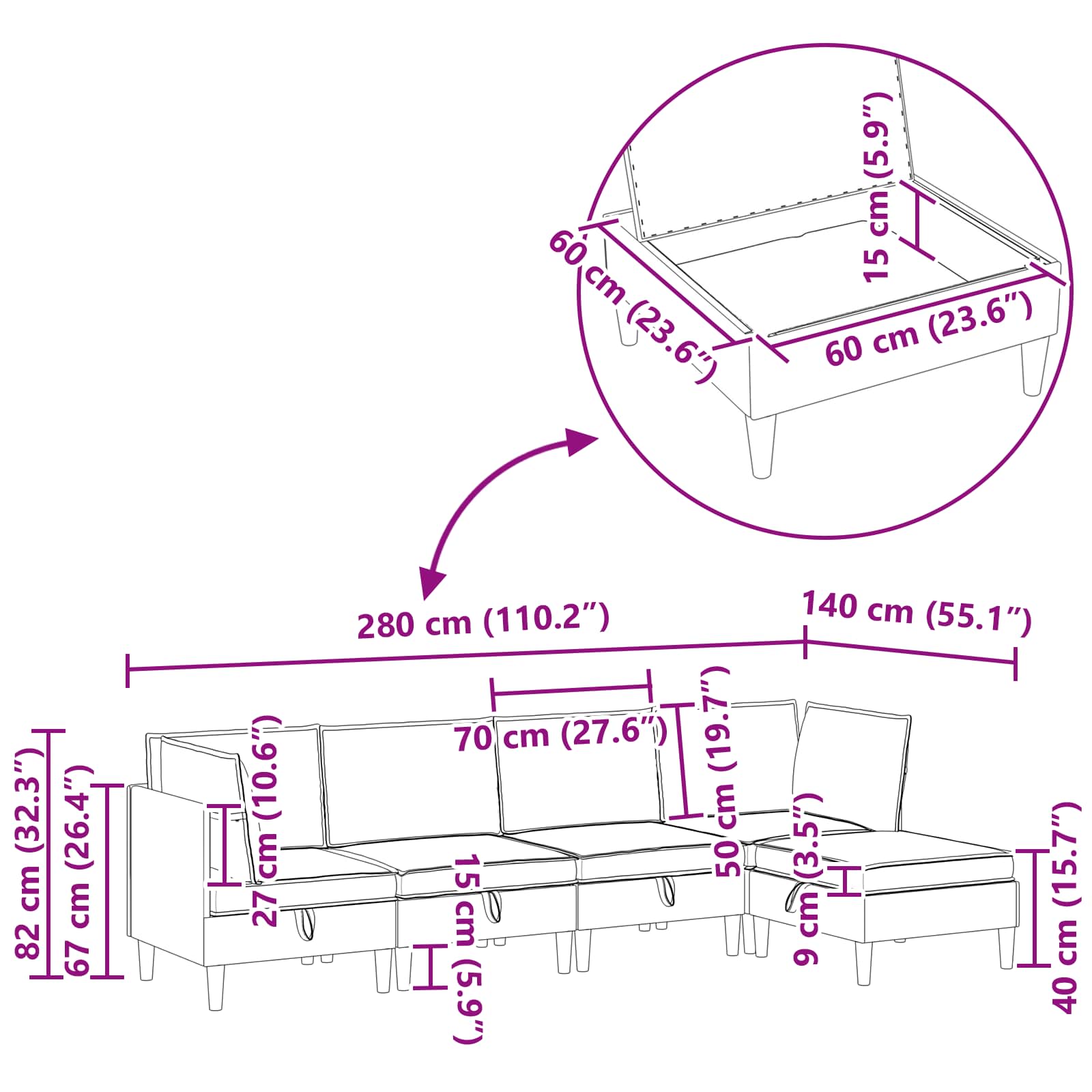 Modularni set sofe sa skladištem 5 pcs Svjetlosiva Tkanina