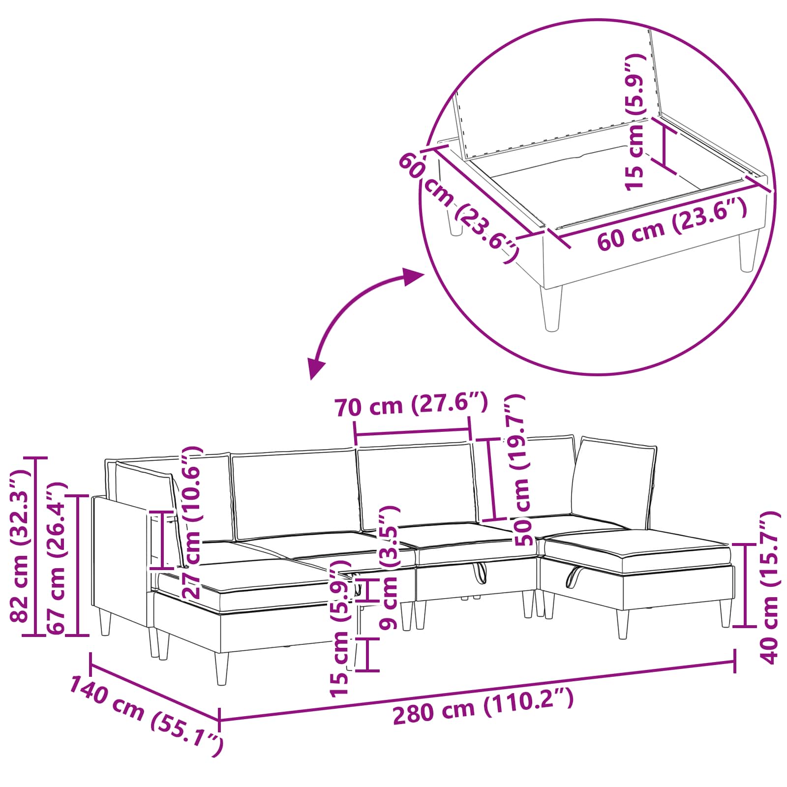 Modularni set sofe sa skladištem 6 pcs Svjetlosiva Tkanina