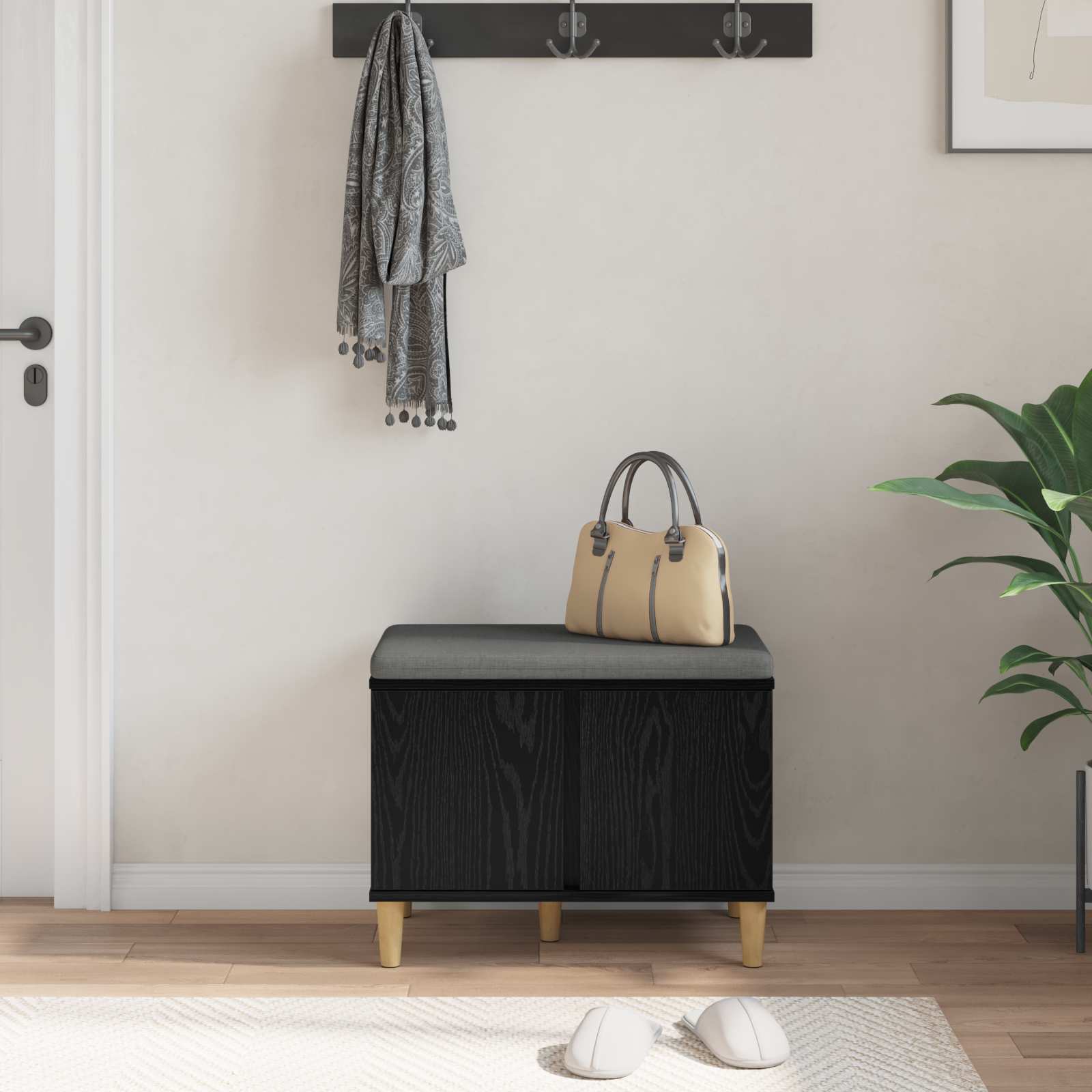 Klupa za hodnik s jastukom s vratima Crni Hrast 60 x 38 x 46 cm