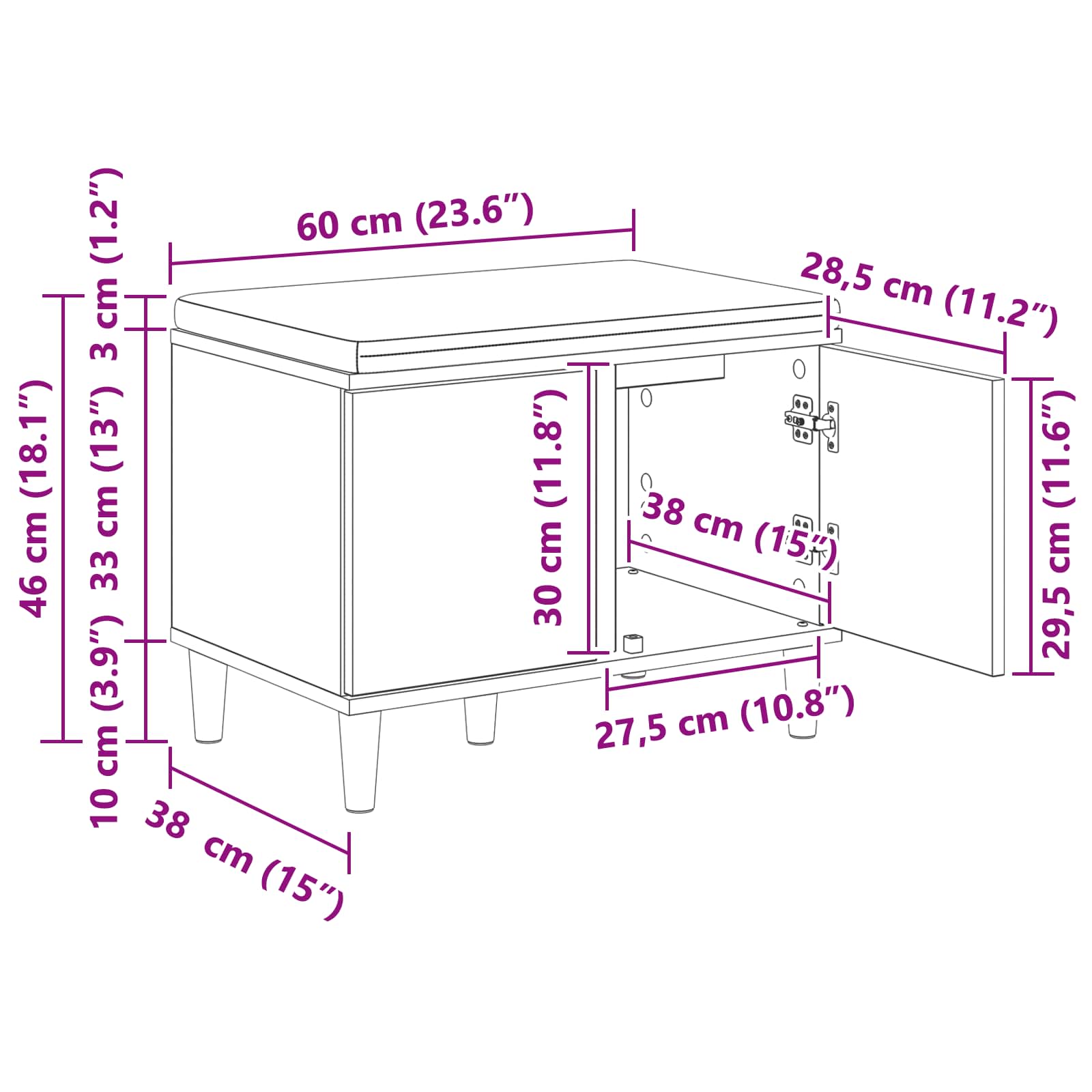 Klupa za hodnik s jastukom s vratima Crni Hrast 60 x 38 x 46 cm