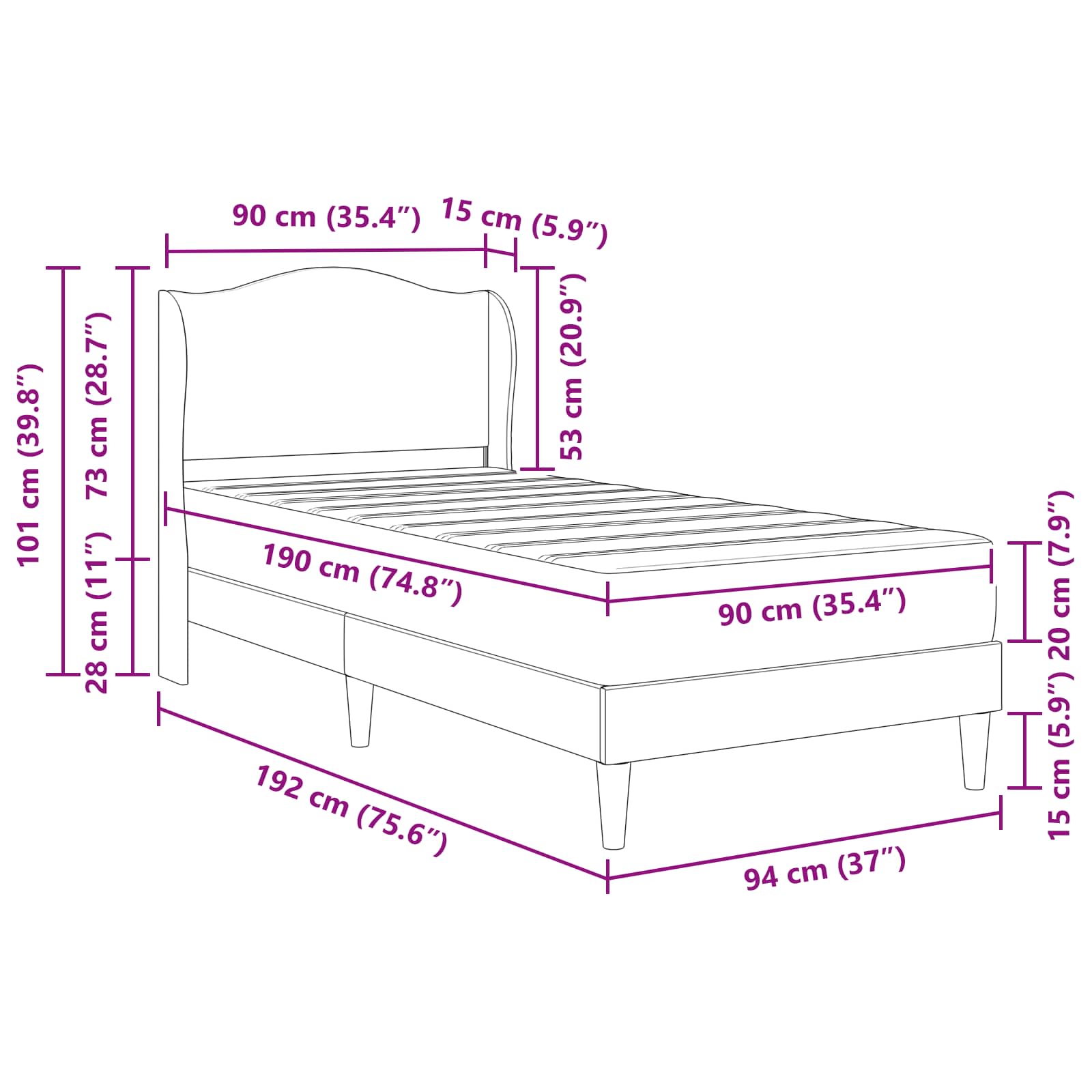 Krevetna konstrukcija 2 pcs Svjetlosiva 90 x 190 cm Baršun