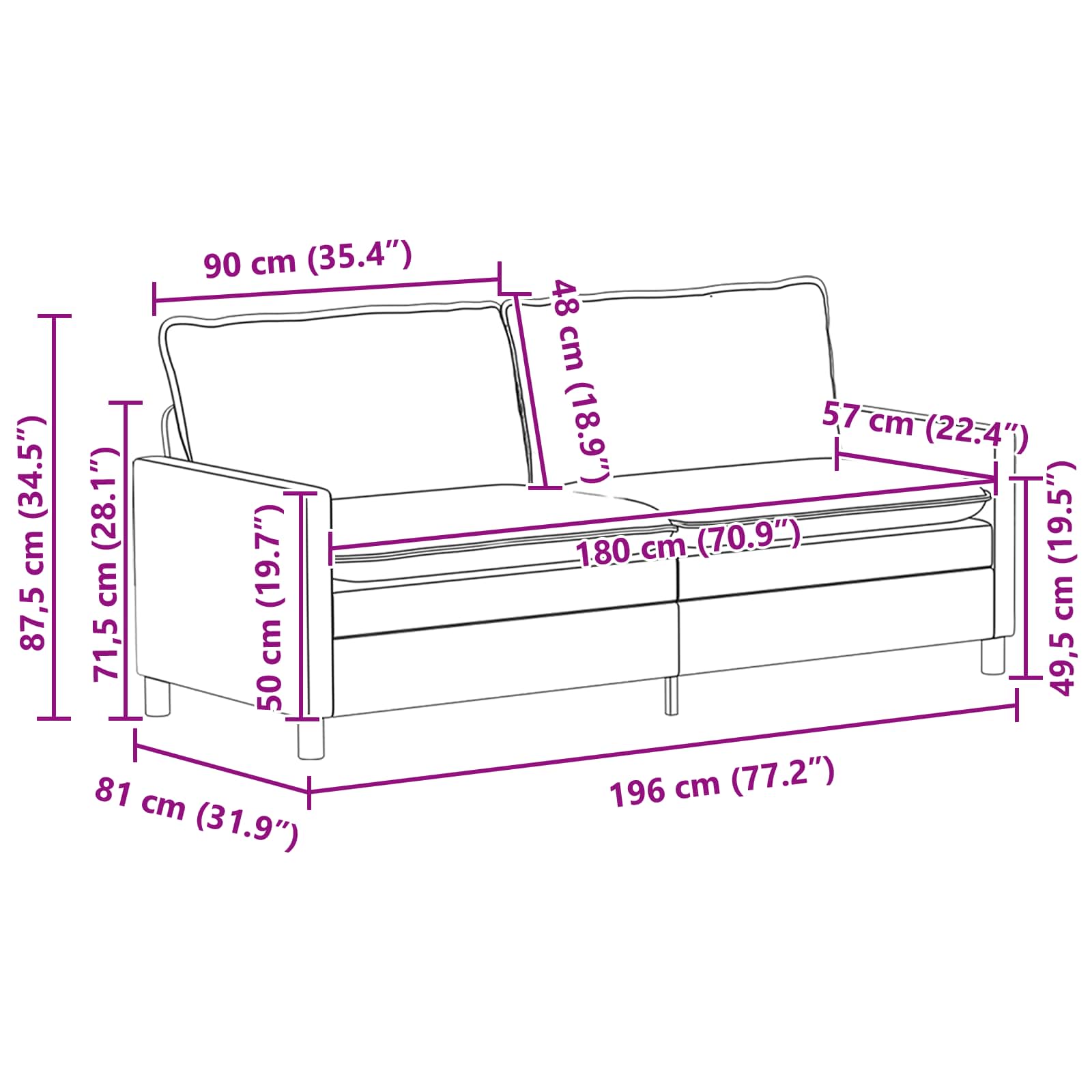 Sofa Svjetlosiva 196 x 81 x 87,5 cm Tkanina
