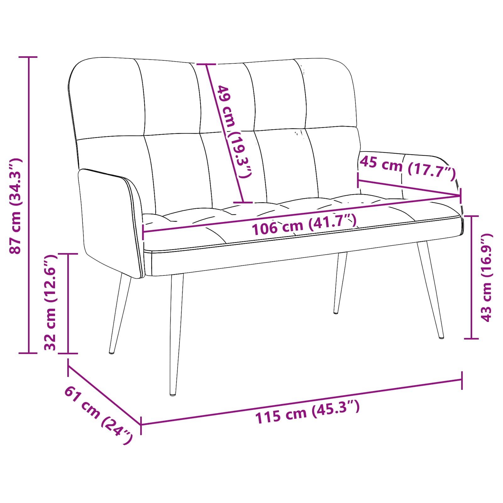Sofa za dvije osobe Bijela 115 x 61 x 87 cm Tkanina