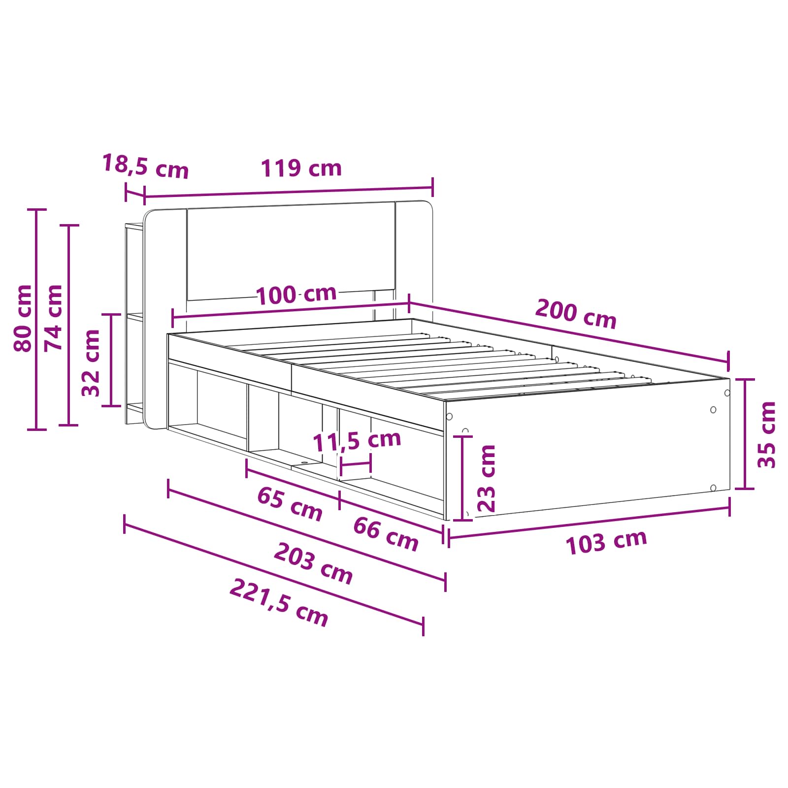 Okvir kreveta s pohranom Dimljeni hrast 100 x 200 cm