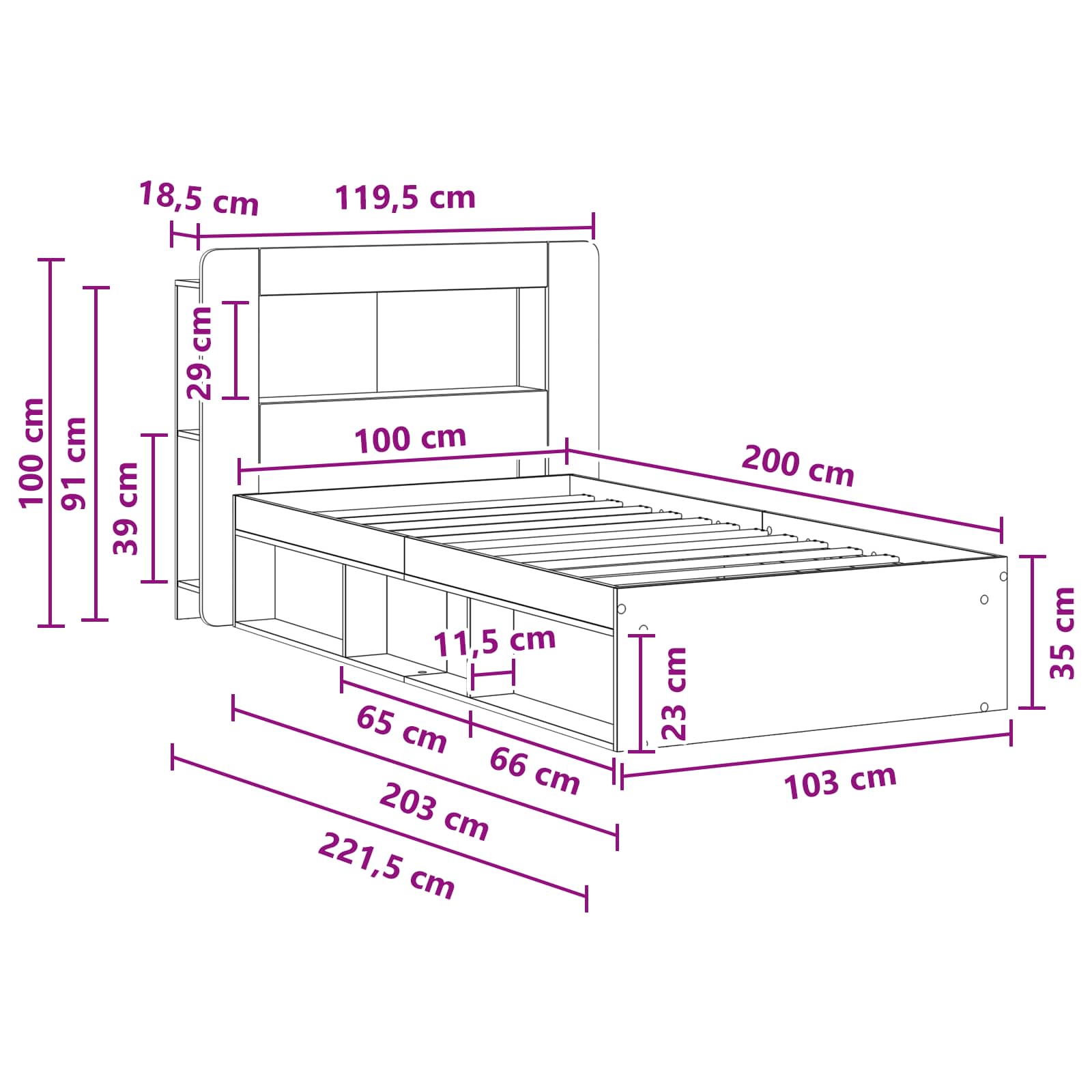 Okvir kreveta s pohranom Dimljeni hrast 100 x 200 cm