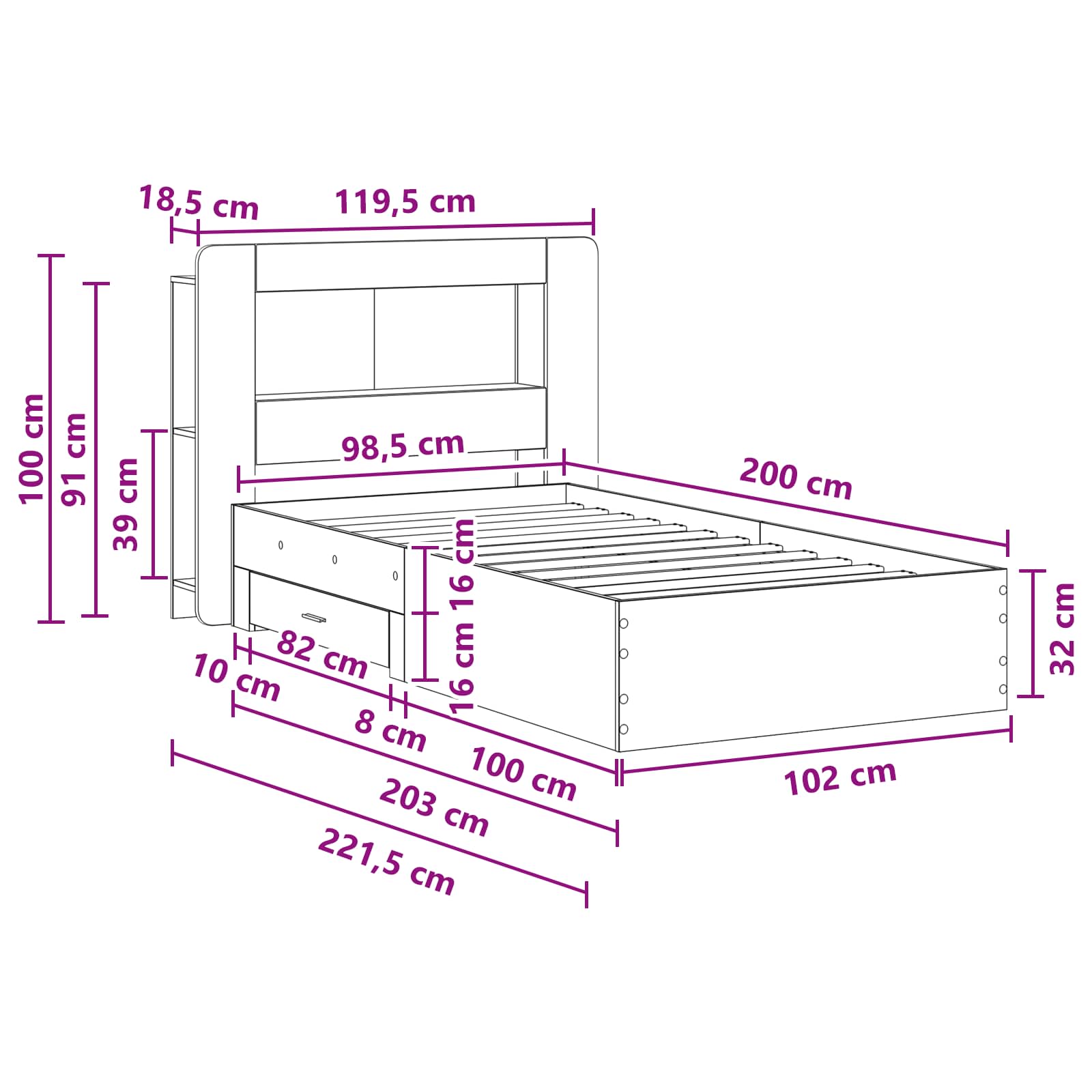 Okvir kreveta s pohranom Dimljeni hrast 100 x 200 cm