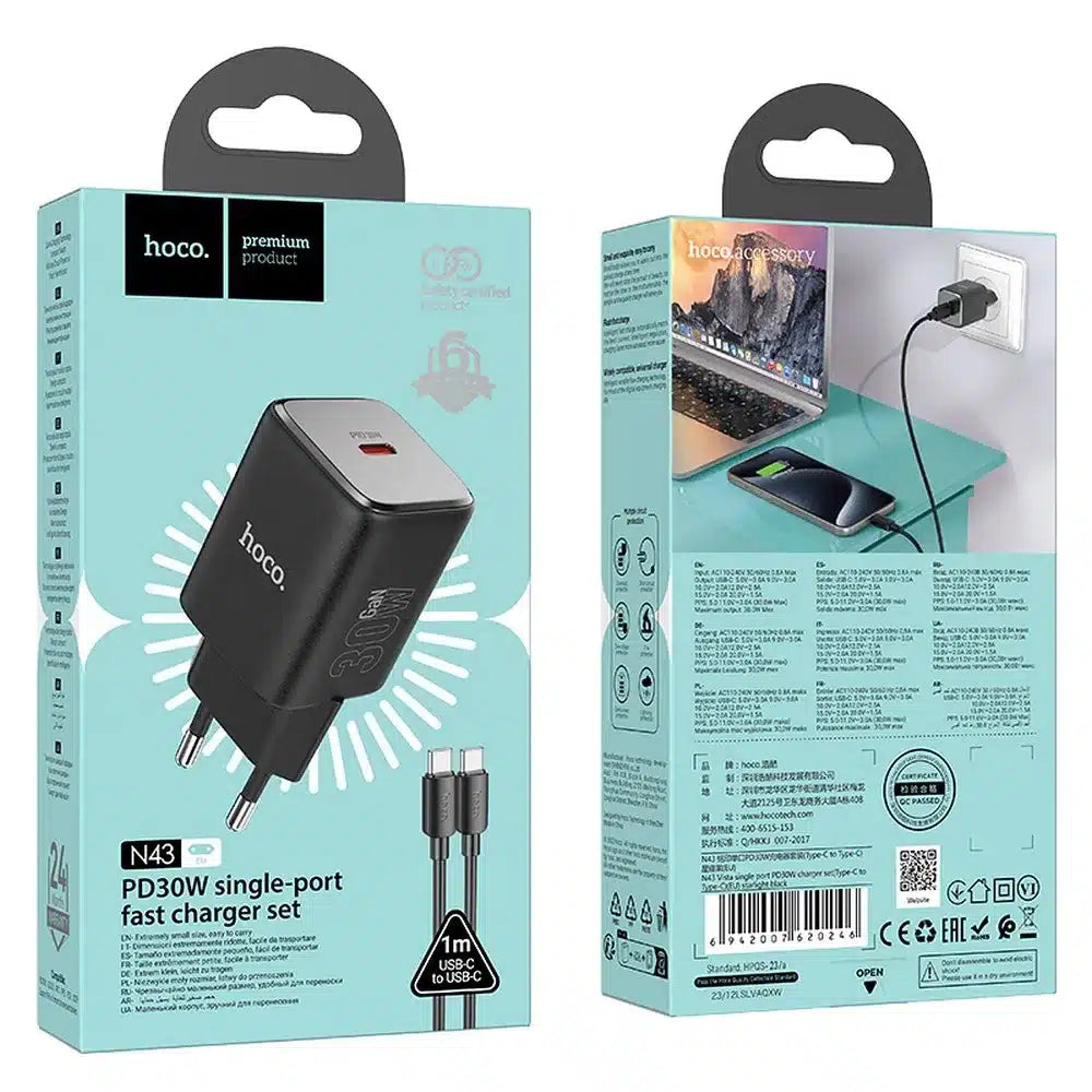 HOCO tip C zidni punjač + tip C na tip C kabel PD QC 30W GaN N43 crna