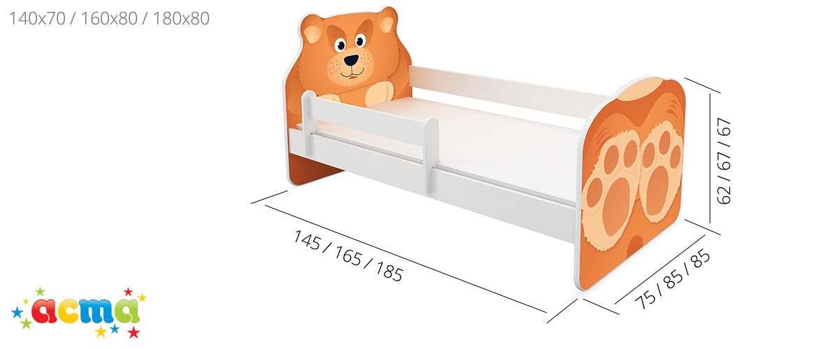 Dječji krevet ACMA Animals, bočna bijela 160x80 cm 05 Medo