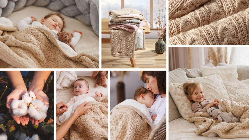 BabyOno Pletena pamučna dekica obostrana 75x100 cm, bež