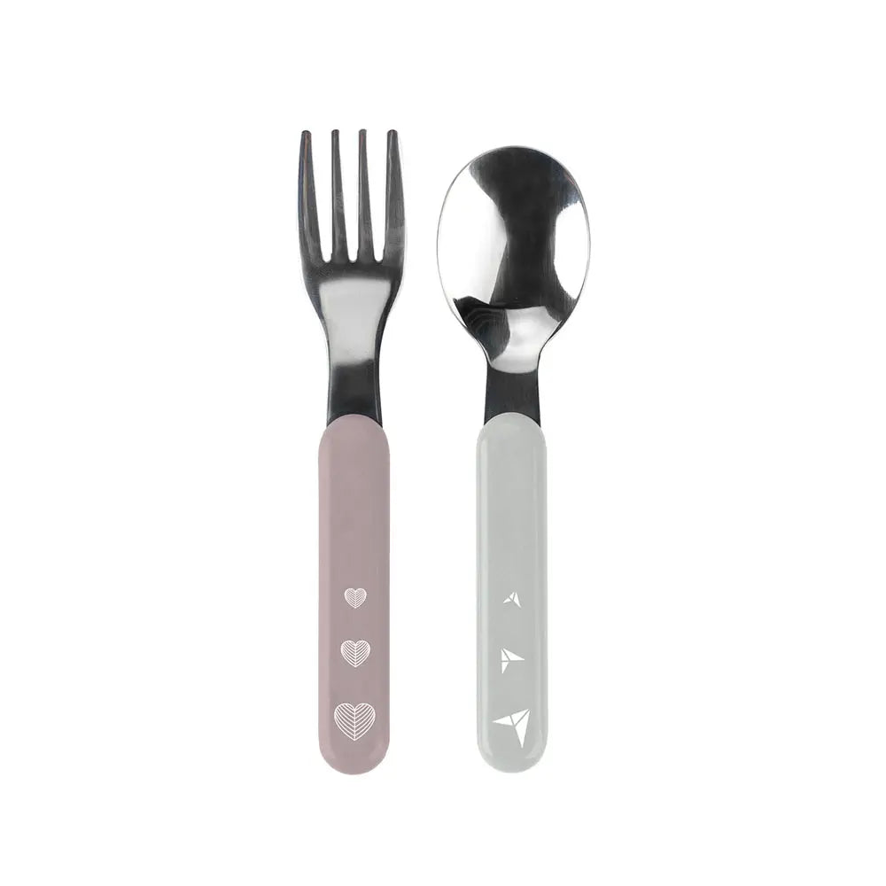 BabyOno Set žlica i vilica od čelika, pastelno roza i siva