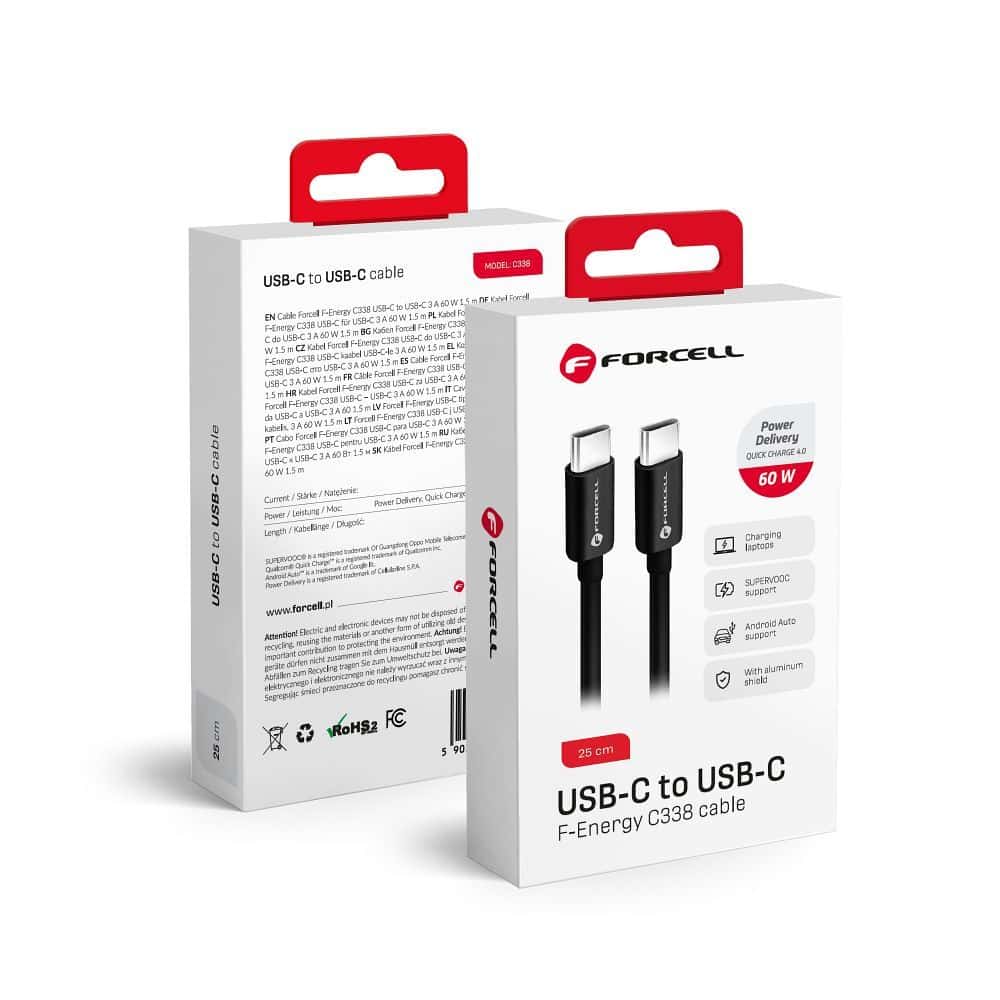 USB C na USB C kabel Forcell F-Energy QC4.0 PD 3A 60W 25 cm crni