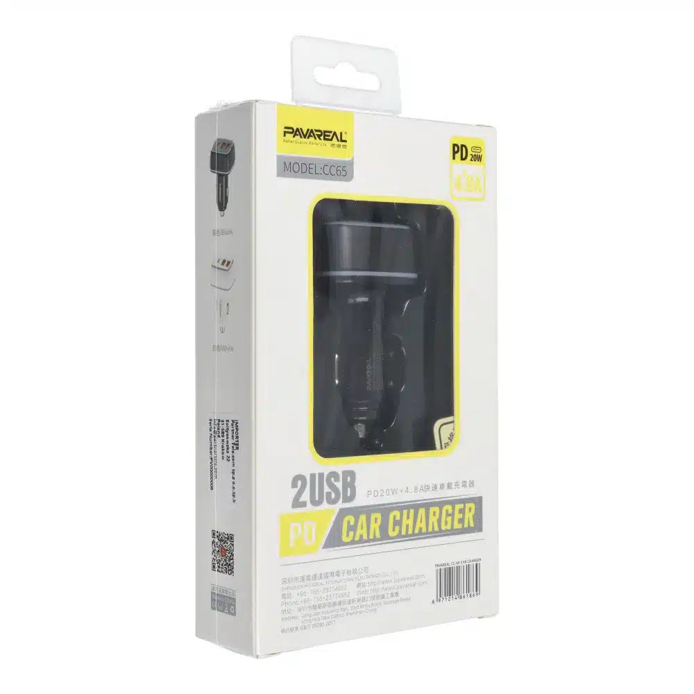 PAVAREAL auto punjač Type C PD 20W + 2x USB 4.8A PA-CC65 crni