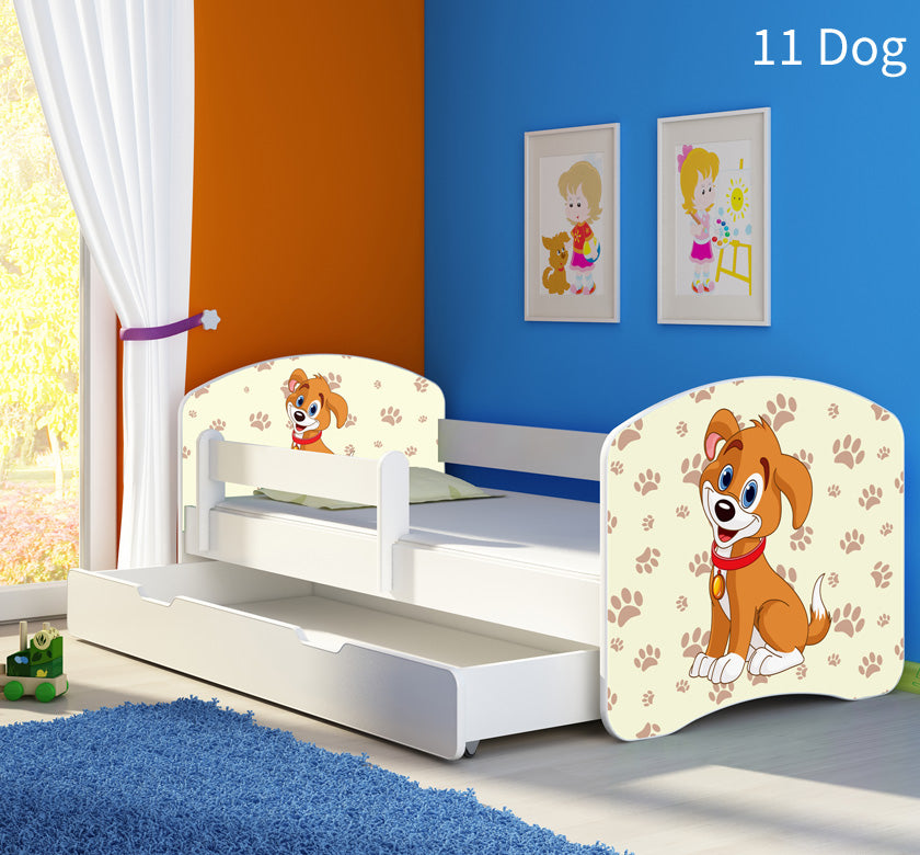 Dječji krevet ACMA s motivom, bočna bijela + ladica 140x70 cm 11 Dog