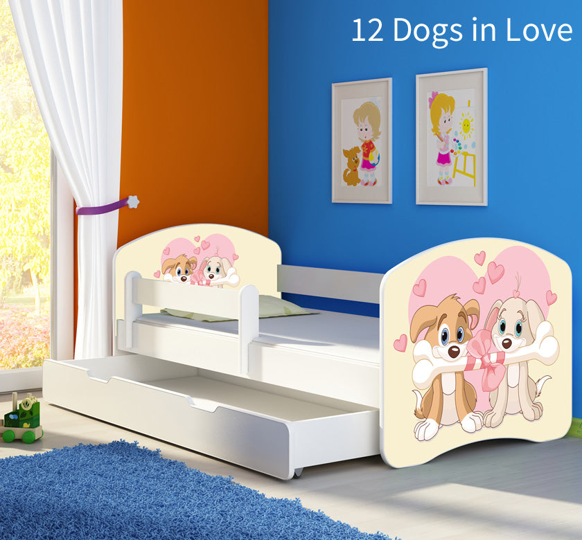 Dječji krevet ACMA s motivom, bočna bijela + ladica 140x70 cm 12 Dogs in Love