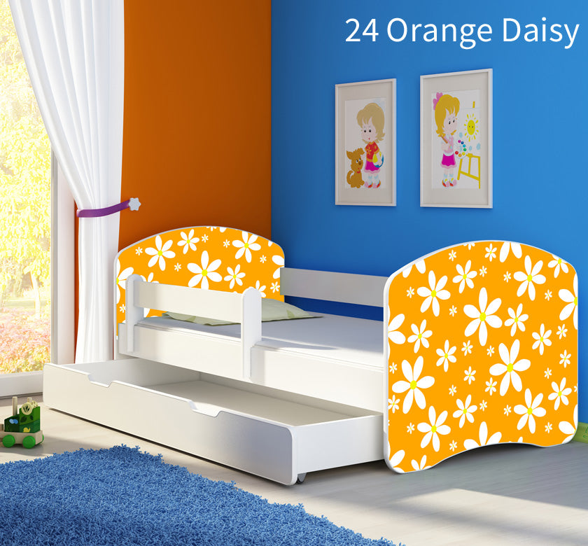 Dječji krevet ACMA s motivom, bočna bijela + ladica 140x70 cm 24 Orange Daisy