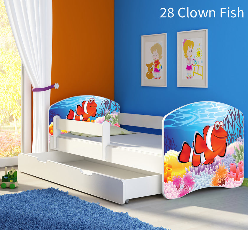 Dječji krevet ACMA s motivom, bočna bijela + ladica 140x70 cm 28 Clown Fish