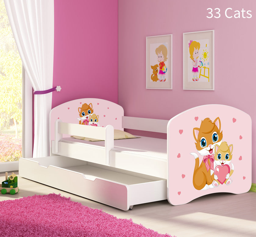 Dječji krevet ACMA s motivom, bočna bijela + ladica 160x80 cm 33 Cats