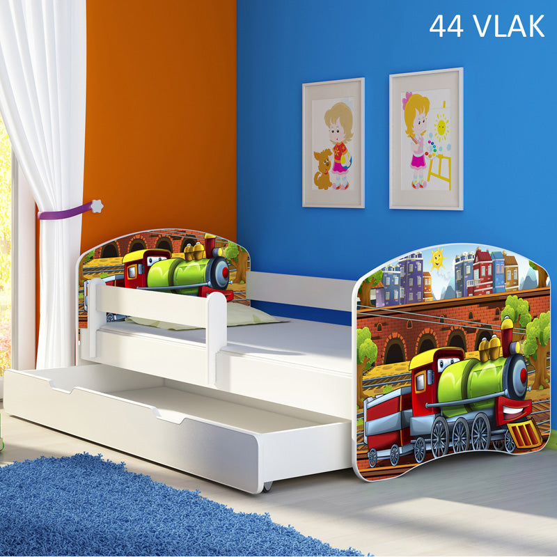 Dječji krevet ACMA s motivom, bočna bijela + ladica 140x70 cm 44 Vlak