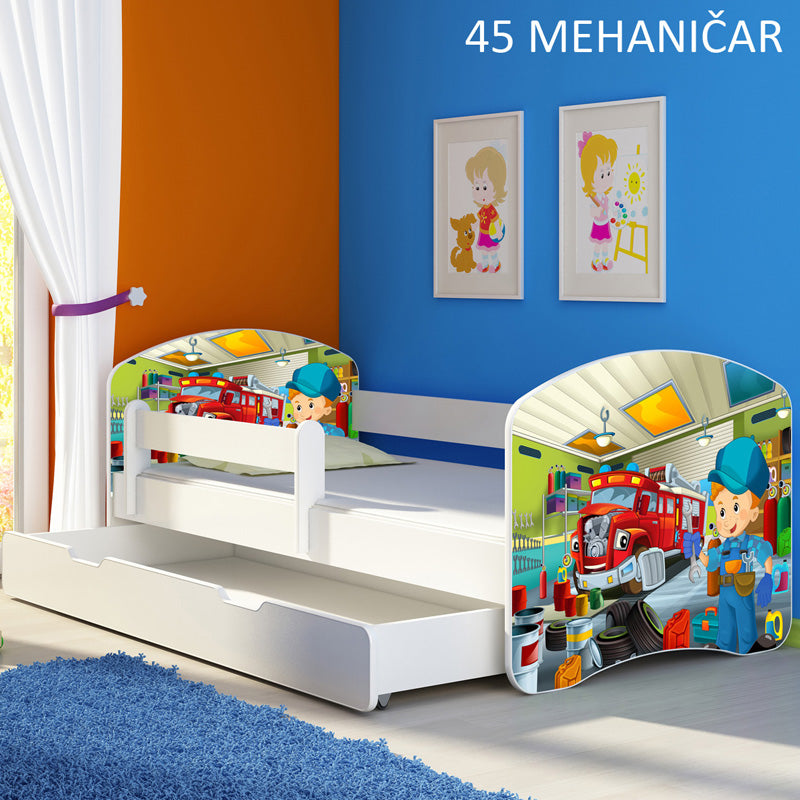 Dječji krevet ACMA s motivom, bočna bijela + ladica 180x80 cm 45 Mehaničar