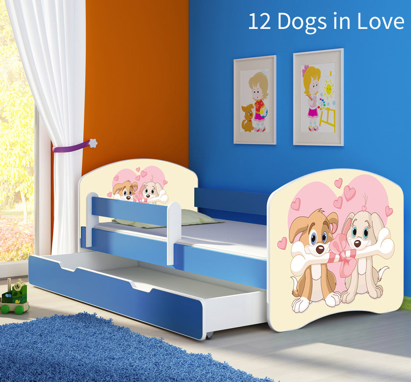 Dječji krevet ACMA s motivom, bočna plava + ladica 140x70 cm 12 Dogs in Love