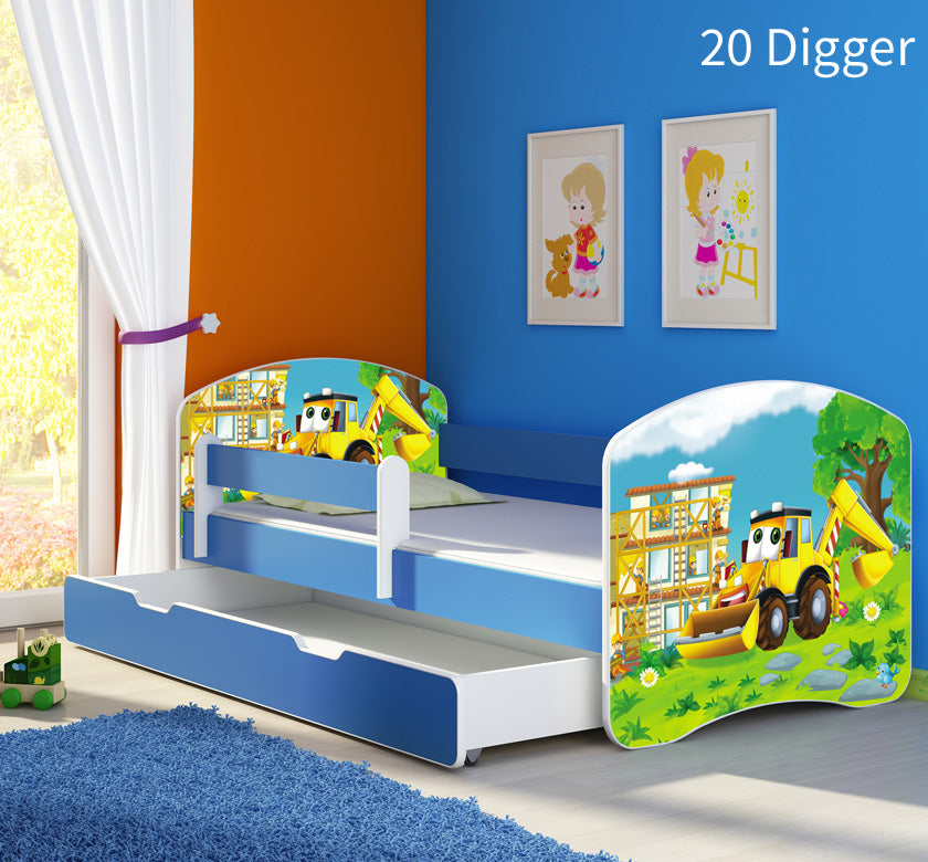 Dječji krevet ACMA s motivom, bočna plava + ladica 180x80 cm 20 Digger