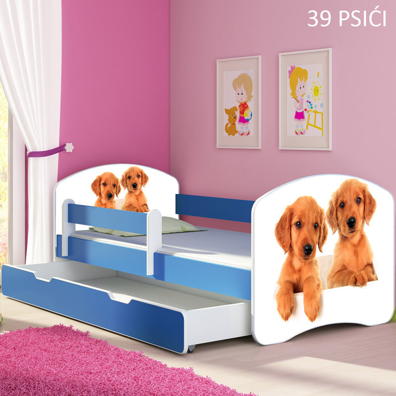 Dječji krevet ACMA s motivom, bočna plava + ladica 180x80 cm 39 Psići