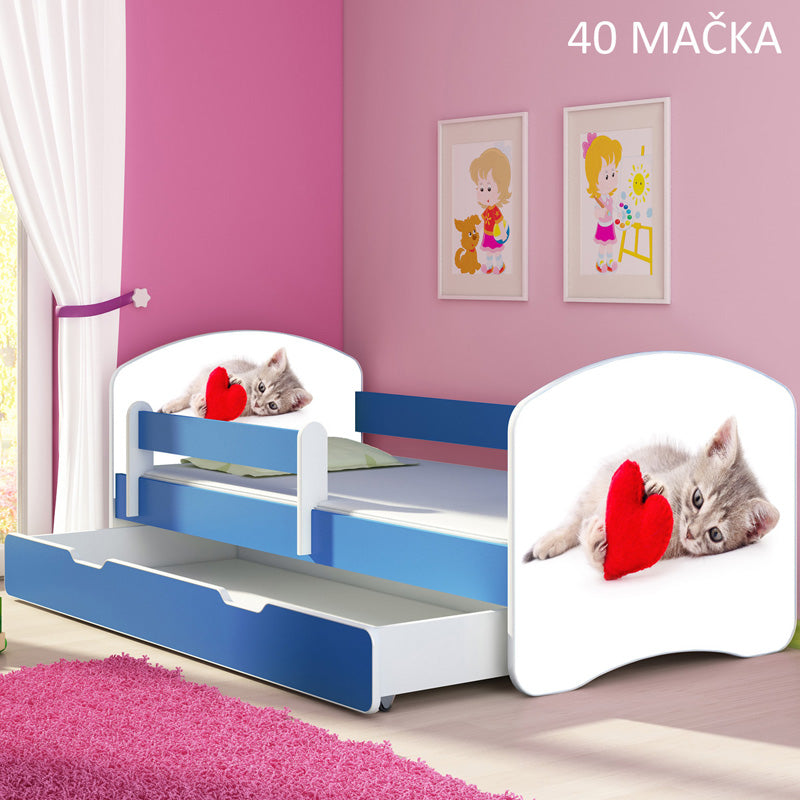 Dječji krevet ACMA s motivom, bočna plava + ladica 160x80 cm 40 Mačka