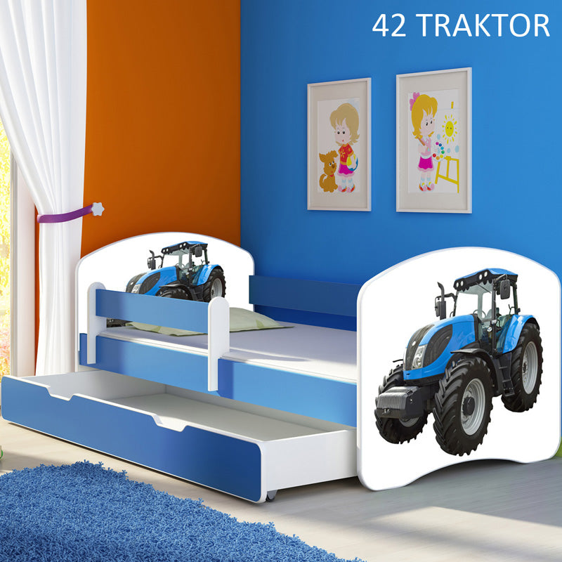 Dječji krevet ACMA s motivom, bočna plava + ladica 180x80 cm 42 Traktor