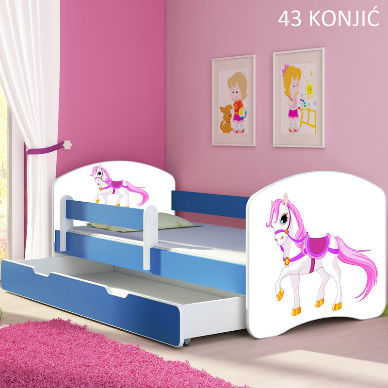 Dječji krevet ACMA s motivom, bočna plava + ladica 140x70 cm 43 Konjić