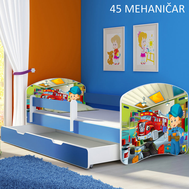 Dječji krevet ACMA s motivom, bočna plava + ladica 160x80 cm 45 Mehaničar