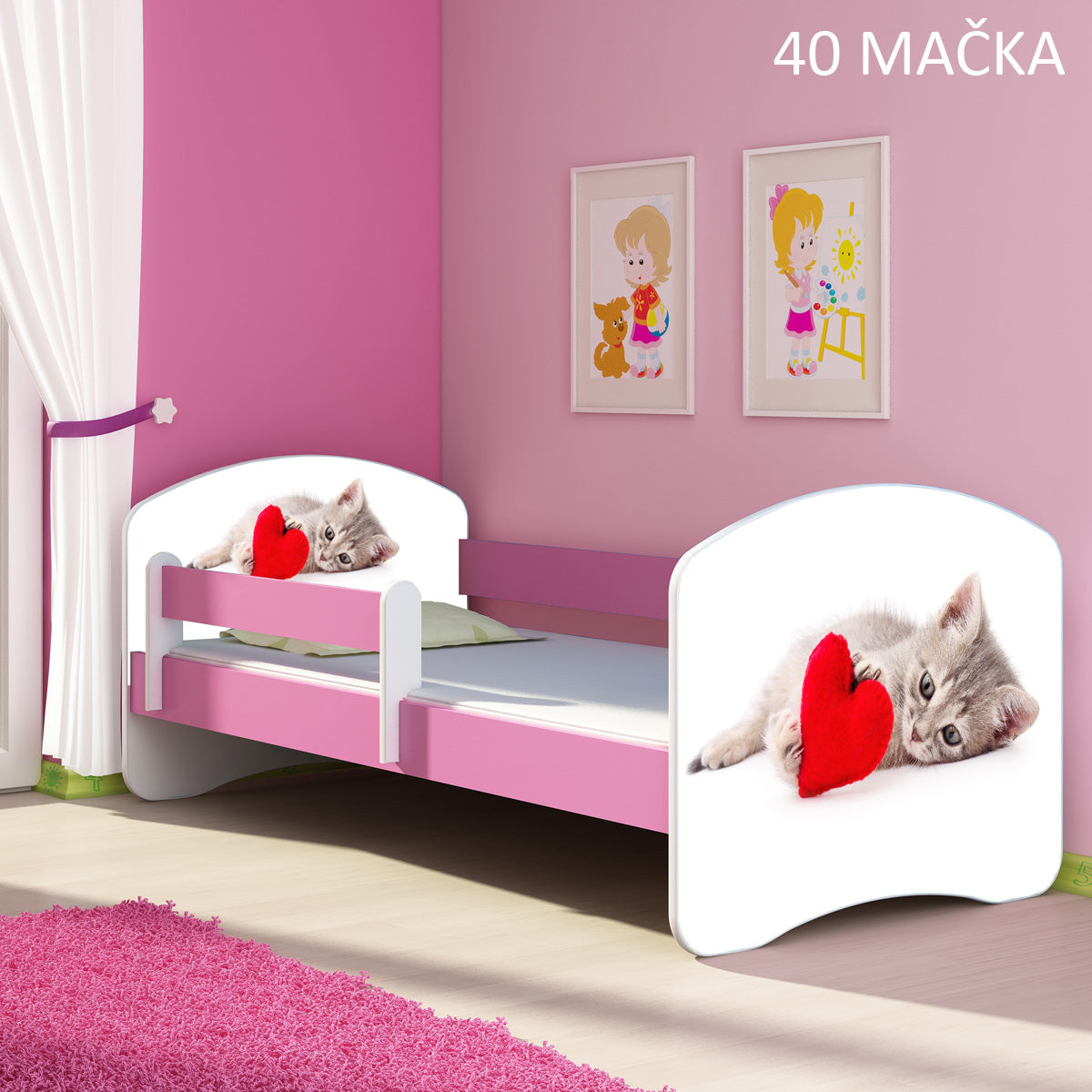 Dječji krevet ACMA s motivom, bočna roza 140x70 cm 40 Mačka