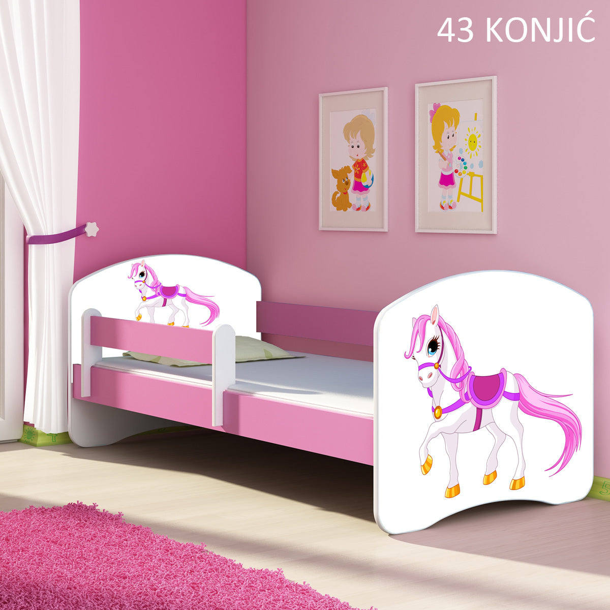 Dječji krevet ACMA s motivom, bočna roza 140x70 cm 43 Konjić