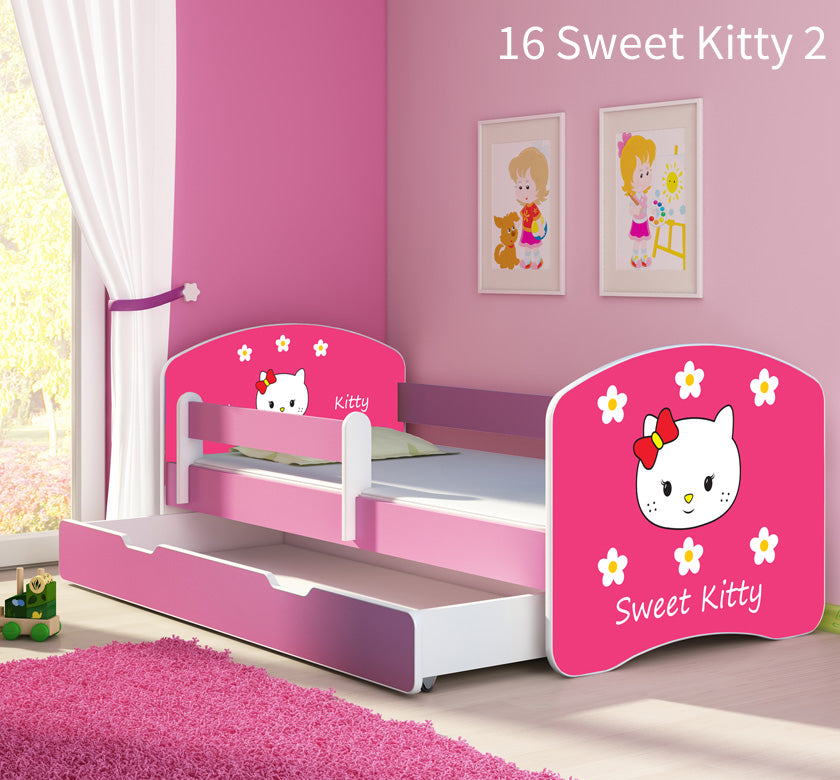 Dječji krevet ACMA s motivom, bočna roza + ladica 140x70 cm 16 Sweet Kitty 2