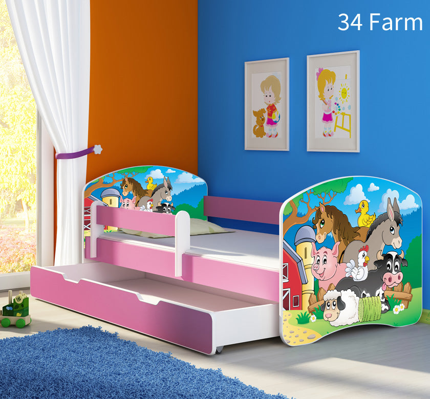 Dječji krevet ACMA s motivom, bočna roza + ladica 180x80 cm 34 Farm